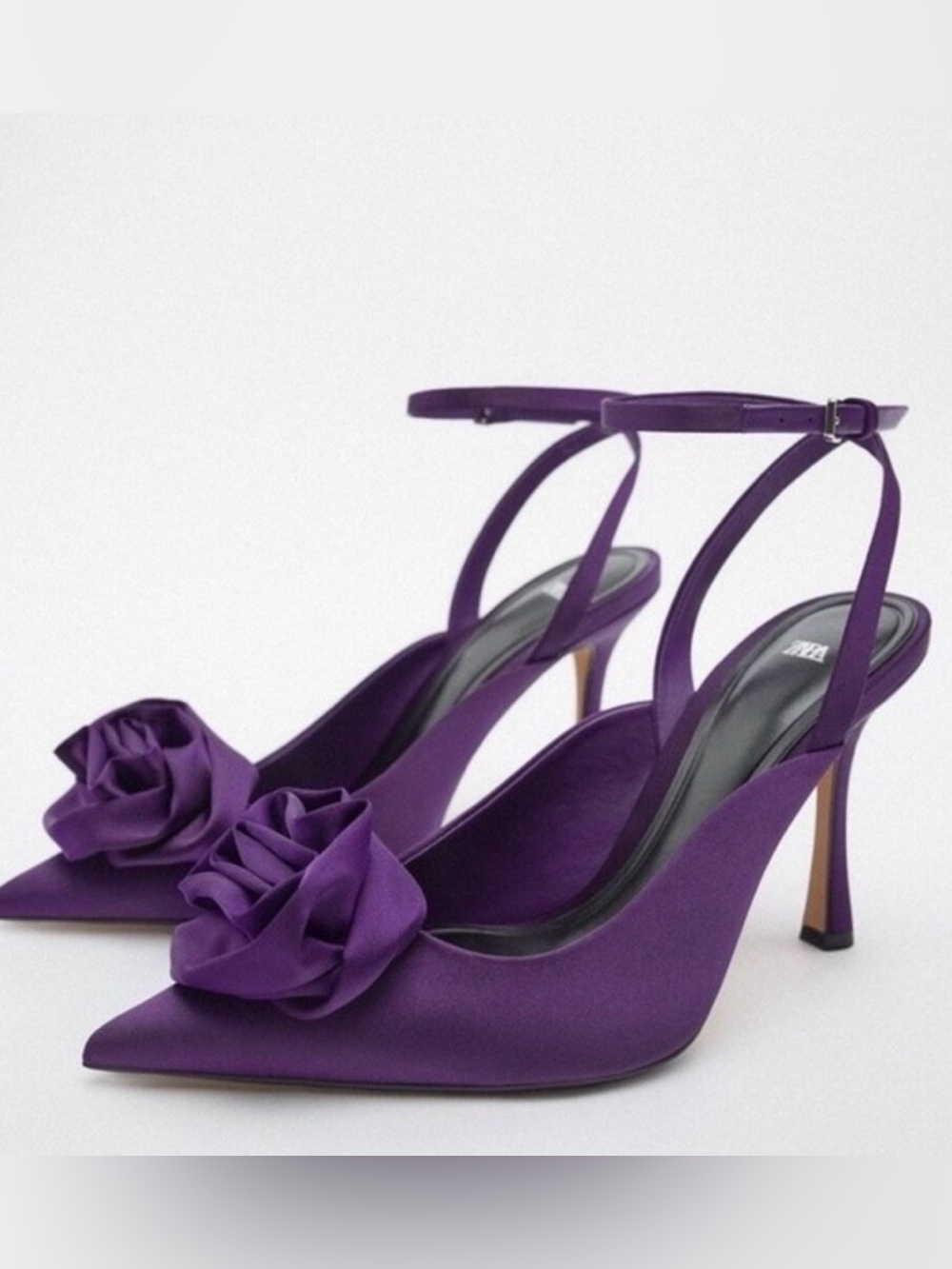 Zara Deep Purple Satin Pointed Slingback Heels with Rosette Accent
